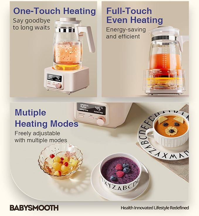 Babysmooth Smart Kettle Pro Electric Glass Kettle, 1.3L Capacity, Digital LED Display, Temperature Control 40-100°C, Auto Keep Warm Function, Silent Operation, Beige, for Tea and Coffee Brewing