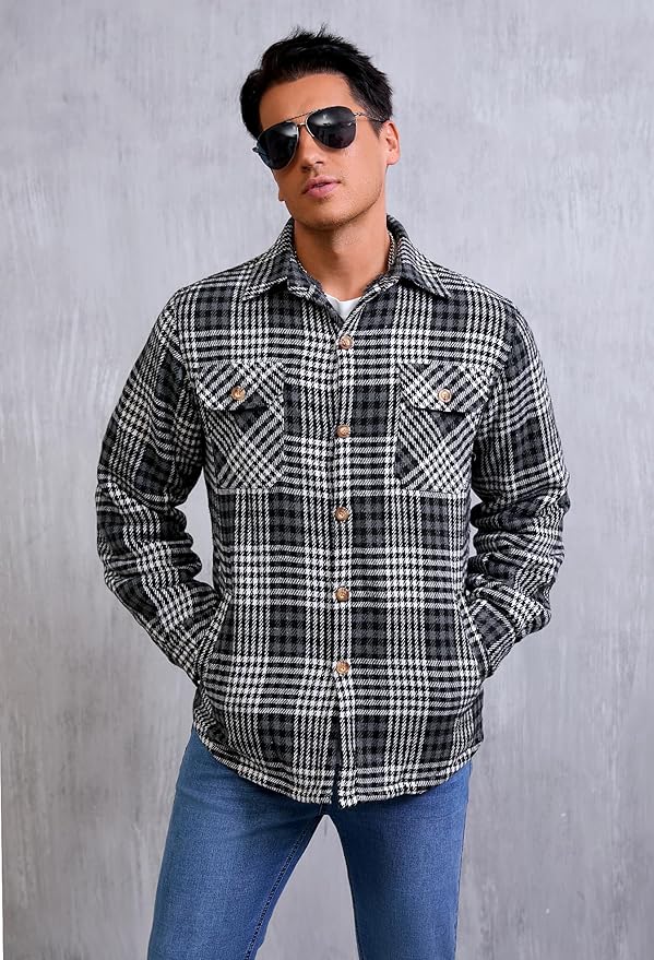 Men's Cotton Sherpa Lined Button Down Flannel Shirt Jacket Plaid Soft Outdoor Flannel Jacket Shirt