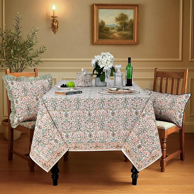 Ridhi Hand Block Print Sassy Salmon Emerald Green Rectangle Cotton Tablecloth 140" x 72" Reusable Table Cover Decorative Everyday Use for Dining, Farmhouse, Home Gift for Spring, Easter, Valentine