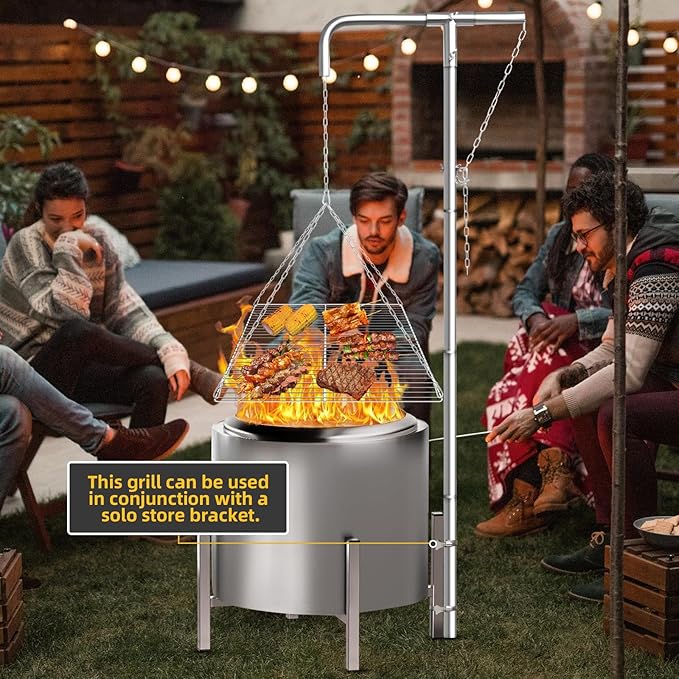 Tripod Campfire Grill with Adjustable Hanging Grate, 360° Rotating Fire Pit Grill System, Heavy Duty Stainless Steel Outdoor Cooking Stand for Camping & Backyard