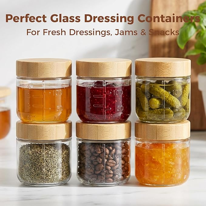 4oz Glass Salad Dressing Containers with Bamboo Lids - 3 Pack Small Airtight Condiment Cups, Leakproof Mini Sauce Jars for Picnic, Ketchup, Dip & Snacks, BPA-Free & Dishwasher Safe