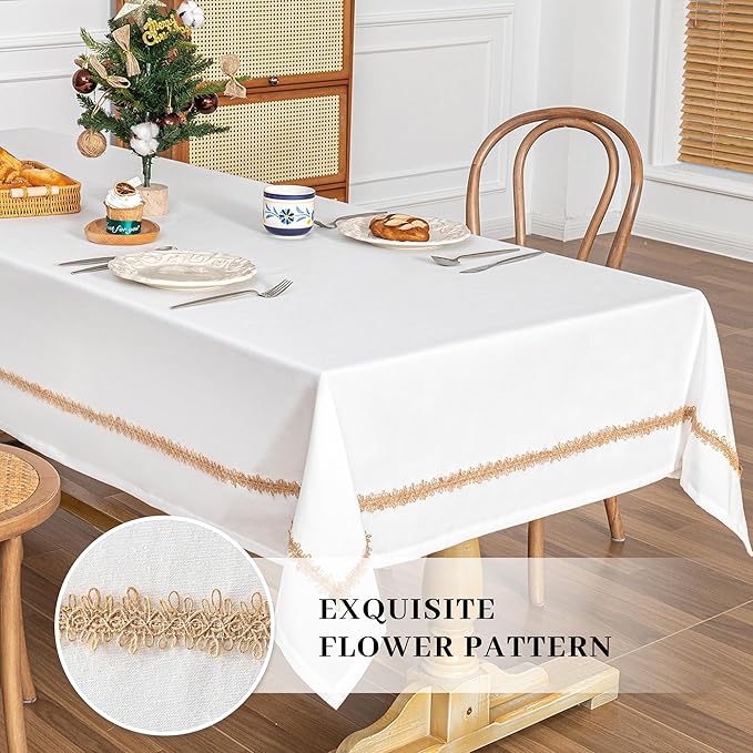 MYSKY HOME Rectangular Table Cloth, 55"X102", Waterproof, Soft Cotton Indoor/Outdoor, Wrinkle Free, Heavy Duty, Floral Pattern, Rustic/Farmhouse Style, Tassel Embellishment, Fits 8-10 Seats