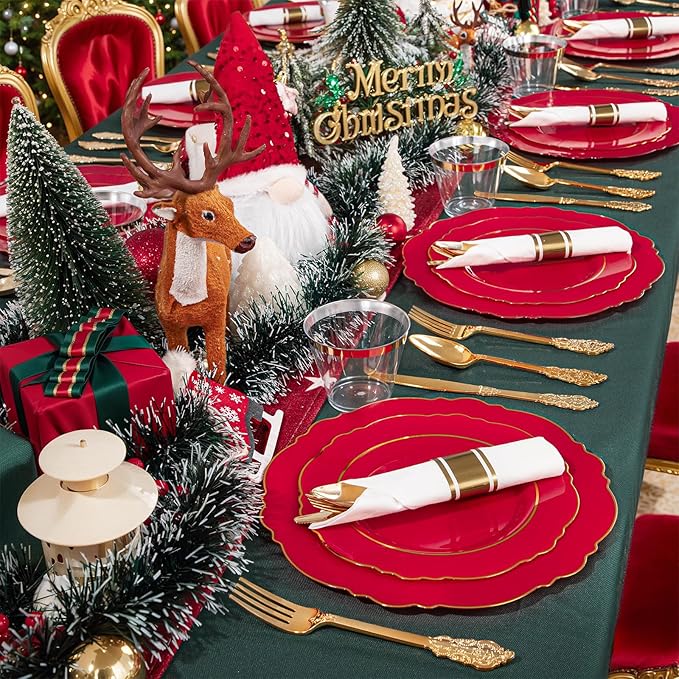 Liacere 350PCS Red Plastic Plates - Christmas Red Disposable Plates With Gold Rim - 50Guest Baroque Plastic Dinnerware include 100Plates-50Pack Pre Rolled Napkins with Silverware 50Cups for Christmas