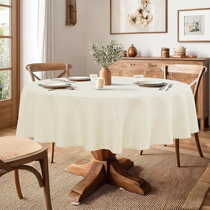 JIUZHEN Round Table Cloth Faux Linen Farmhouse Tablecloth Wrinkle and Stain Resistant Decorative Fabric Table Cover for Kitchen, Dining Room, Parties and Camping, Champagne, 70 Inch Round