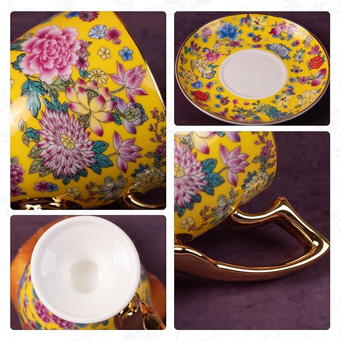 KAMMAK Tea Cups and Saucers Set of 2, Porcelain Coffee Cups with Saucer for Espresso, Cappuccino, 7oz Vintage Yellow Floral Ceramic Novelty Mug for Home, Tea Party, Office