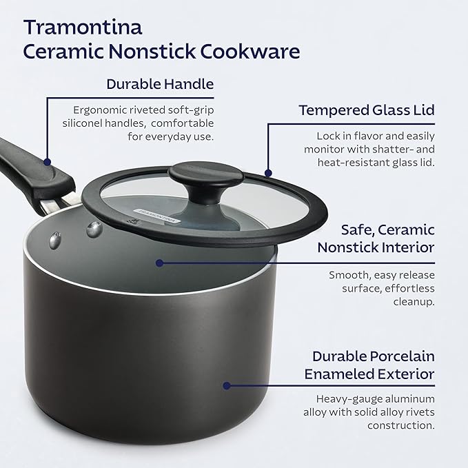 Tramontina Ceramic Non Stick 11-Piece Nesting Pots and Pans Set with Lids - Stackable Nonstick Cookware Set, Dishwasher and Oven Safe, Dark Gray