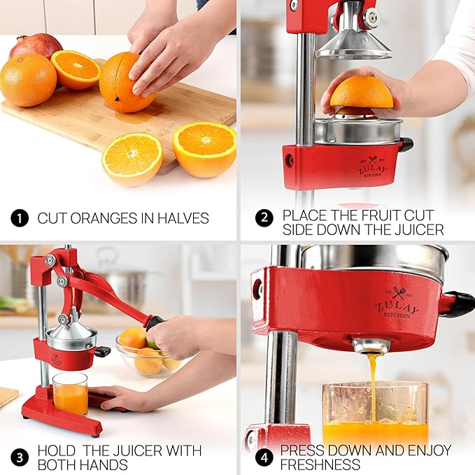 Zulay Kitchen Cast Iron Juicer - Easy-to-Clean Heavy-Duty Manual Juicer, Professional Citrus Juicer - Stainless Steel Lemon Squeezer - Manual Citrus Press & Orange Squeezer - Orange Juicer (Red)