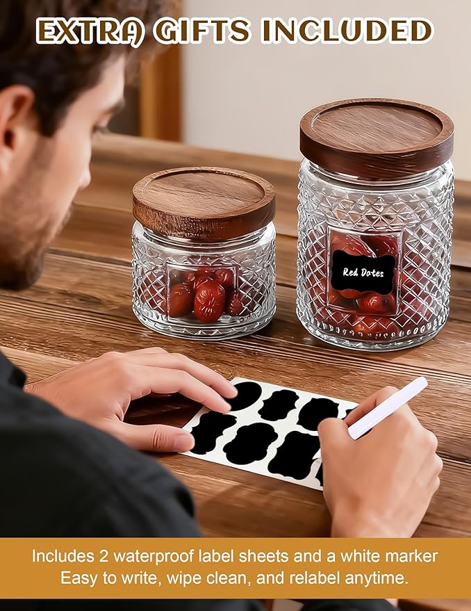 Glass Jars with Wood Lids Labels and Pen - Airtight Storage Container for Kitchen Pantry Bathroom Countertop, Decorative Vintage Canister for Candy, Cookie, Treat, Sugar, Coffee, Tea, Salt, Set of 3