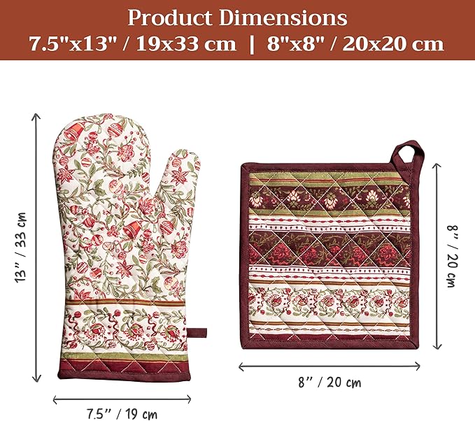 Maison d' Hermine 100% Cotton Oven Mitt & Pot Holder Set (7.5"x13" & 8"x8") Heat Resistant BBQ Cooking Gloves with Loop for Thanksgiving Christmas Decorations Handling Hot Pans (Reveillon Au Jardin)
