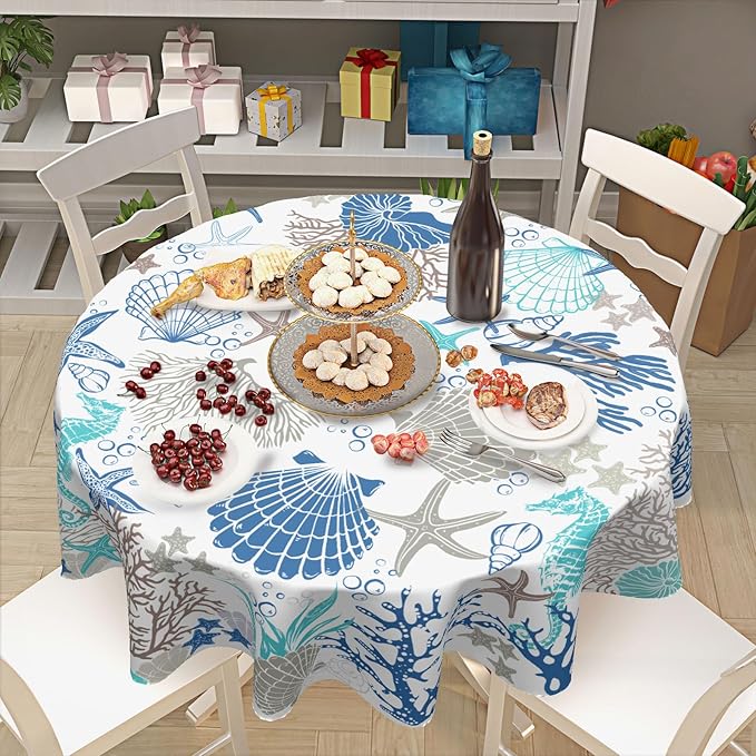 Nautical Coastal Round Tablecloth 70 Inch Summer Ocean Seashell Starfish Coral Sea Horse Table Cloth Rustic Farmhouse Beach Theme Table Cover for Kitchen Dinner Party Decor
