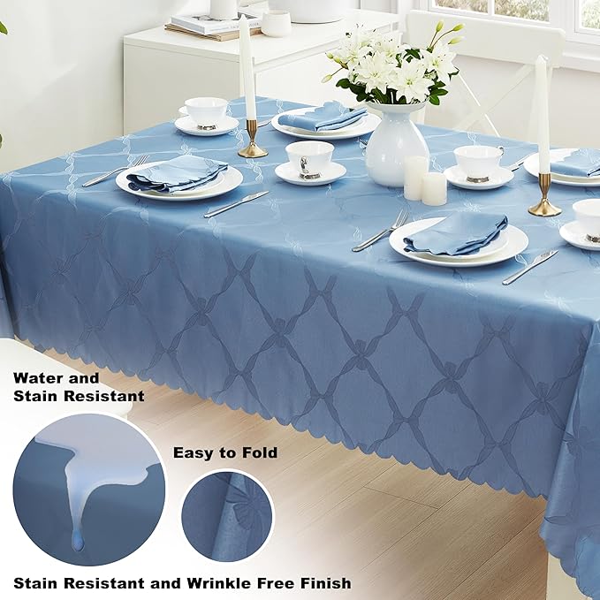 Newbridge Ribbons and Bows Damask Spring & Easter Holiday Fabric Tablecloth, Blue, 60 x 102 Inch Rectangle, Wrinkle & Stain Resistant Table Cover