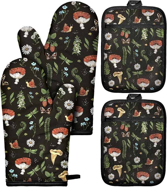 Cotton Oven Mitts and Pot Holders Sets - Quilted Lining Heat Resistant 4 Pieces Set with Hanging Loop Cute Farmhouse Boho Spring Kitchen Decor and Accessories, Black Mushroom