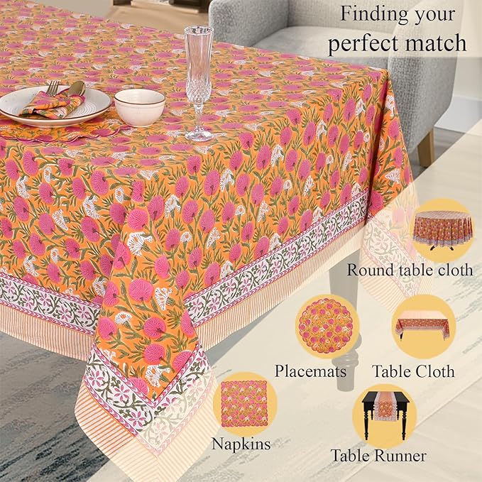 Ridhi Hand Block Print Bubblegum Pink Rectangle Cotton Tablecloth 108" x 70" Reusable Table Cover Decorative Everyday Use for Dining, Farmhouse, Home Gift for Spring, Easter, Valentine