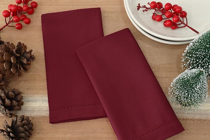 PurpleEssences Set of 6 Hemstitch Cloth Dinner Napkins 100% Cotton - Soft Durable Washable - Ideal for Wedding Christmas Holiday Winter - Perfect Everyday Use Table Linen 18x18 - Burgundy