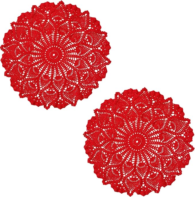 BIBITIME Lace Placemats Table Doilies Round Handmade Crochet Doily Kitchen Coffee Cup Mug Mats Dinner Place Mats (16 to 17.5 inches-2PCS, Red)