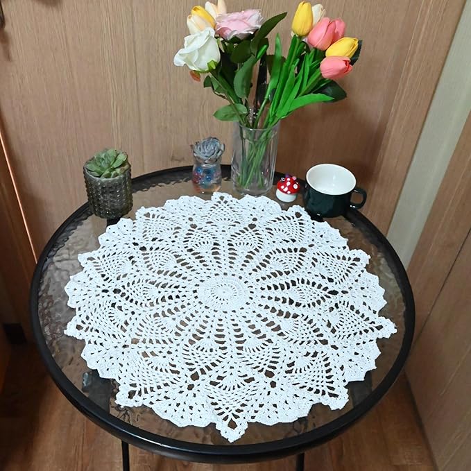 BIBITIME Lace Tablecloth Doily Handmade Crochet Placemat Women Vase Mat Kitchen Table Runner (2PCS- 18 in to 20 in, White)