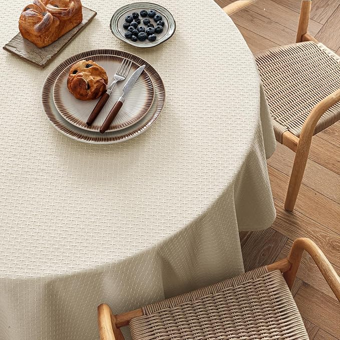 MIULEE Natural Beige Linen Cotton Table Cloth Round Tablecloth Spring Waterproof Spillproof Cross-Star Textured Table Cltoth Decorative Farmhouse Style for Dining Party Weddings 60 Inch