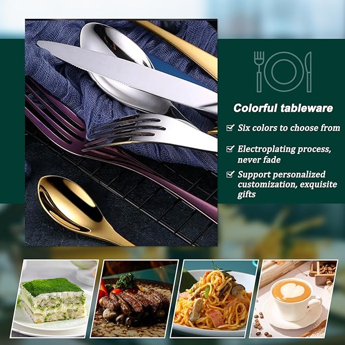 Personalized Cutlery Set (4 Pieces), 18/10 Flatware Set, 6 Colors and Multiple Fonts Available for Customized, Personalized Tableware Sets With Name, Dishwasher Safe Silverware Set