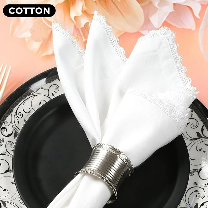 White Cotton Cloth Dinner Napkins 20x20 with Lace Trim Set of 6– Elegant Wedding & Cocktail Table Napkins, Mitered Corners, Machine Washable Fabric, Reusable,