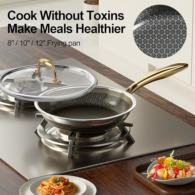 FogDream 10” Non Stick Frying Pans, Stainless Steel Skillet with Lid, Tri-Ply Stainless Steel for All Cooktops, Dishwasher and Oven-Safe Cooking Pan, Stay-Cool Handle, Gold