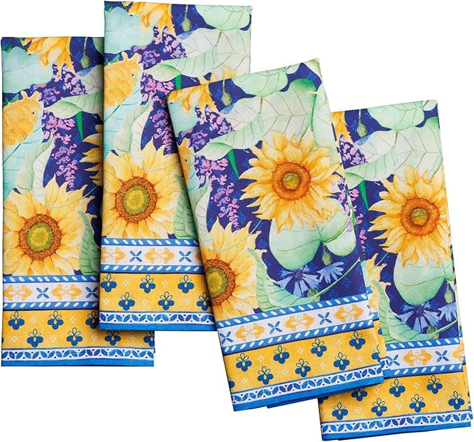 Maison d' Hermine Cloth Napkins Set of 4 100% Cotton Everyday Reusable Square Napkins Cloth Washable Dinner Party Wedding Restaurant Valentines Day Decorations Spring/Summer(Sunflower Days, 18" x 18")