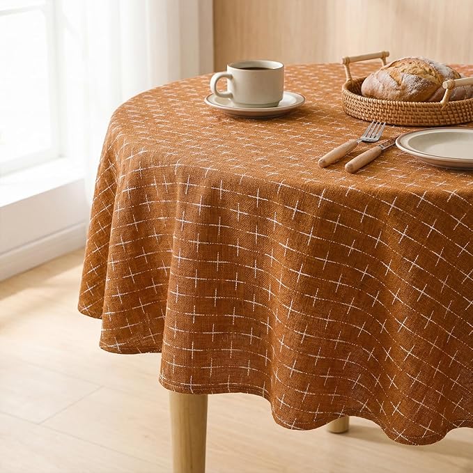 Horaldaily Caramel Round Table Cloth, Cross-Star Solid Textured Embroidery Tablecloth, Wrinkle Free Washable 60×60 Inch Table Cover for Kitchen, Party, Wedding, Picnic, Outdoor