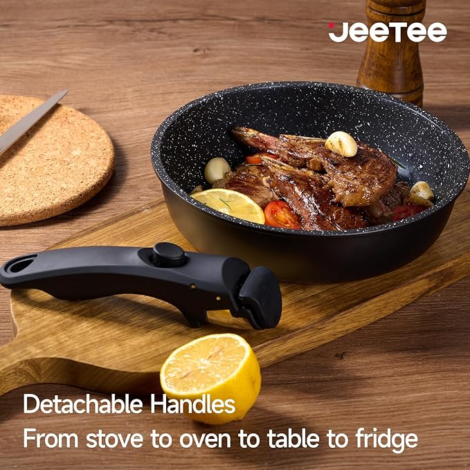 JEETEE 25pcs Pots and Pan Set Non Stick,Detachable Handle Cookware Set,Induction Cooking & RV Camping Stackable Pots Pans，Healthy Kitchen Cookware Set PFAS/PFOA Free,Black