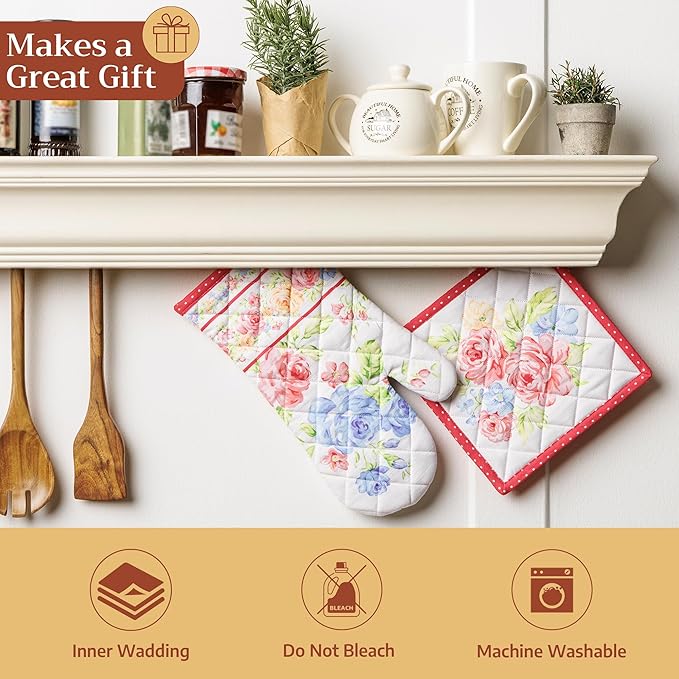 Maison d' Hermine Oven Gloves 100% Cotton Oven Mitt 7" x 13" with Loop Heat Resistant, BBQ, Cooking Gloves, Baking, Grilling, Kitchen, Handling Hot Pans Spring/Summer (Pack of 1, Vintage Floral)