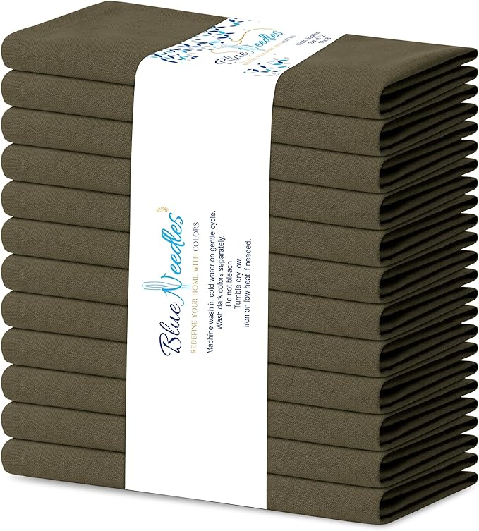 Blue Needles Solid Cloth Napkins Set of 12 Olive Green 100% Cotton Dinner Napkins 18x18 inches, Soft, Reusable, Absorbent, Washable Linen, Ideal for Wedding Events, Parties & Everyday Use