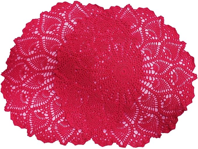 BIBITIME Lace Placemats Table Doilies Round Handmade Crochet Doily Kitchen Coffee Cup Mug Mats Dinner Place Mats (16 to 17.5 inches-2PCS, Rose)