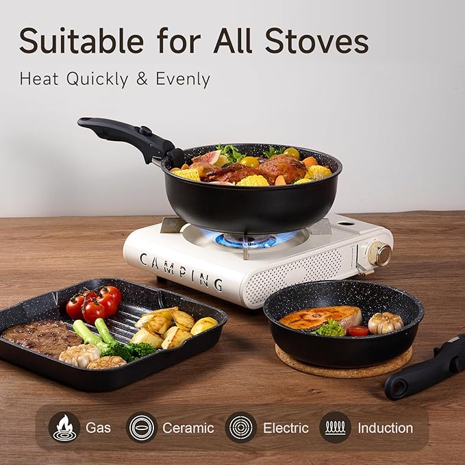 JEETEE 25pcs Pots and Pan Set Non Stick,Detachable Handle Cookware Set,Induction Cooking & RV Camping Stackable Pots Pans，Healthy Kitchen Cookware Set PFAS/PFOA Free,Black
