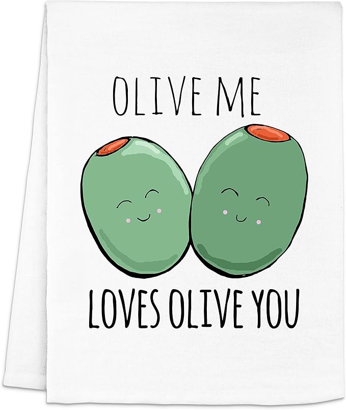 Moonlight Makers, Colorful Funny Dish Towel, Flour Sack Kitchen Towel, Sweet Housewarming Gift, Farmhouse Kitchen Decor (Olive Me Loves Olive You)
