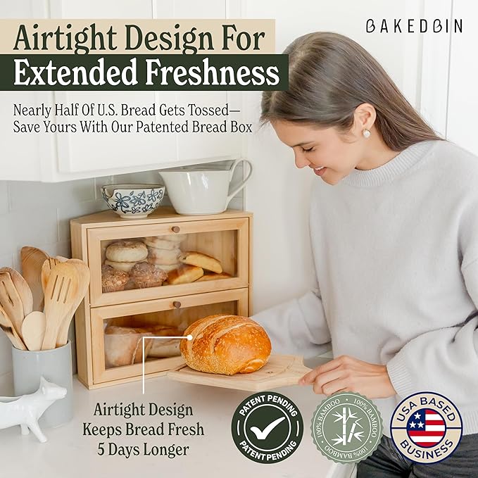 Corner Bread Box for Kitchen Countertop - New 2026 Design, Vintage Bamboo Wooden BreadBox, Large, Double Layer Storage for Homemade Bread, Sourdough, Panera, Under Cabinet Organizer