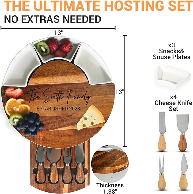 Personalized Charcuterie Board, 13'' Custom Round Cheese Board Gift, Acacia Wood Boards with Knives for Serving - Gifts for Housewarming New Home, Wedding, Anniversary, Christmas, Couples, Birthday