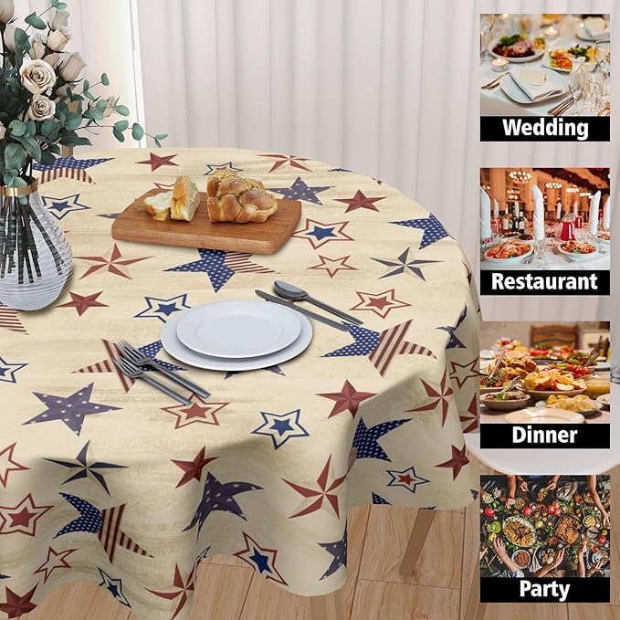 4th of July Round Tablecloth 60 Inch Patriotic Vintage Red and Blue Star Memorial Day Polyester Table Cloth Independence Day Table Cover for Kitchen Dinner Home Decor