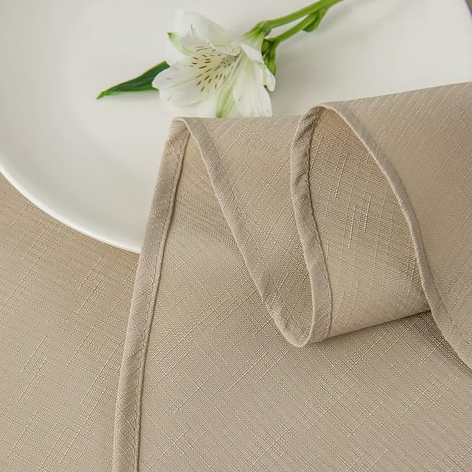 maxmill Round Linen Looking Textured Tablecloth Spill-Proof Wrinkle Free Soft Jacquard Table Cloth for Circular Table Cover, for Dining Room Buffet Banquet Parties Holiday Dinner, 70 Inch Natural