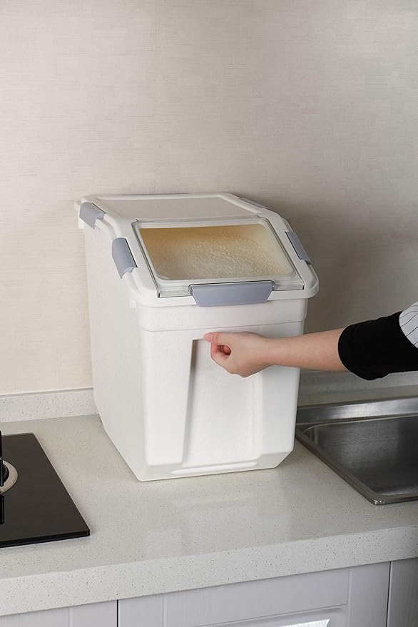 EonTone Pack-2 Bulk Large Sealed Flour Storage Container 25 Liters (30 lbs) with Lockable Lid Wheels and Measuring Cup BPA-Free Food Dispenser