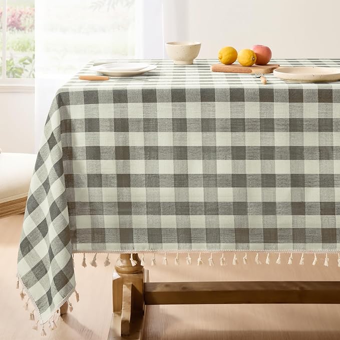 Softalker Checkered Tablecloth Square, Outdoor Linen Cotton Gingham Table Cloth with Tassel, Heavy Duty Wrinkle Free Buffalo Plaid Table Cover for Kitchen Dining Home Party - 55 x 55 Inch, Coffee