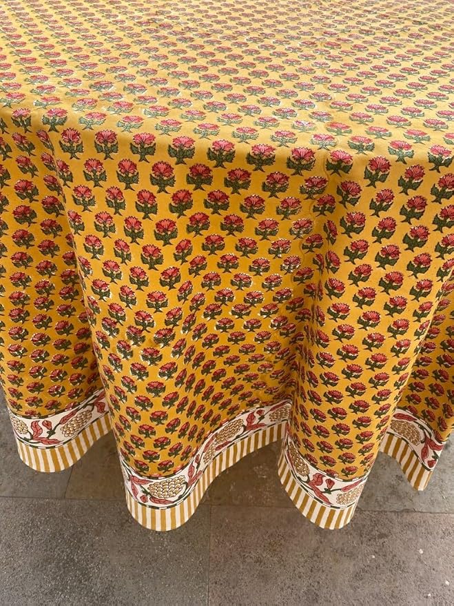 Ridhi Block Print Round Mustard Yellow Reusable Tablecloth 100% Cotton 132" Inch Decorative Table Cover eveyday Dining, Home, Party, Wedding, Farmhouse Gift for Spring, Easter, Valentine
