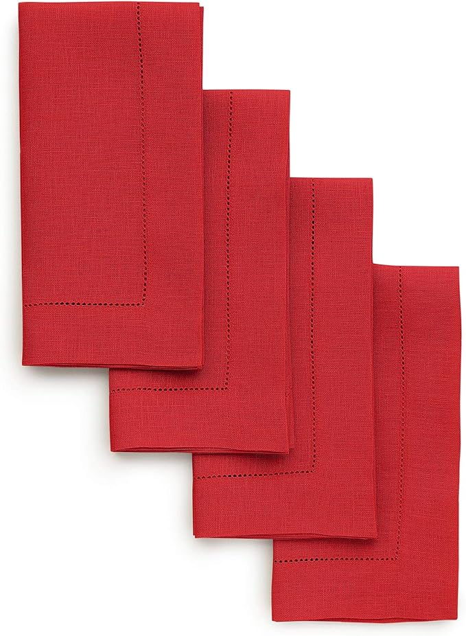 Solino Home Red Linen Napkins Set of 4-100% Pure Linen Hemstitch Dinner Napkins 20 x 20 Inch for Valentines, Winter - Classic Hemstitch