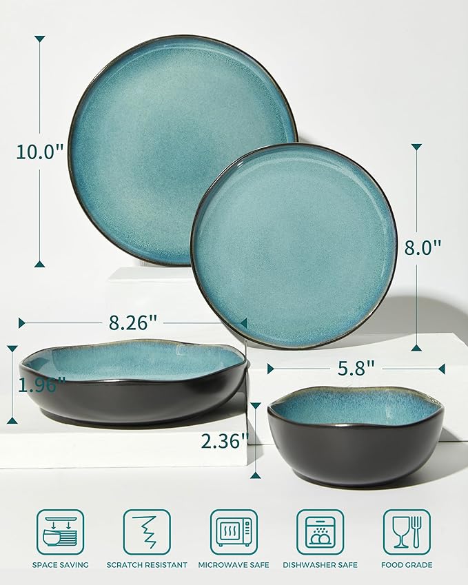 24 Pieces Dinnerware Set for 6 with Pasta Bowls, Complete Ceramic Dish Set, Stackable & Glossy Stoneware Plate and Bowl Set for Effortless Everyday Hosting, Green Black