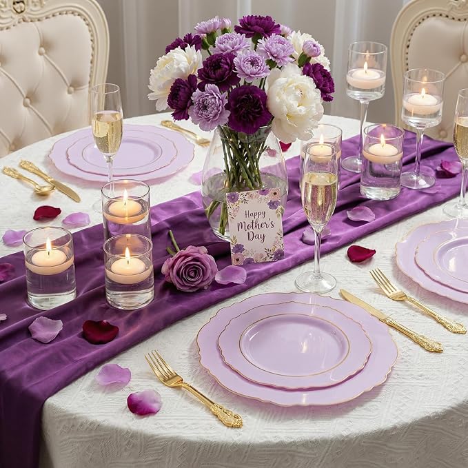 Liacere 350PCS Purple Plastic Plates - Disposable Lavender Plates 50guest Plastic Dinnerware include 100Light purple Plates,50Pack Pre Rolled Napkins Silverware 50Cups for Valentine’s Day＆Easter Day