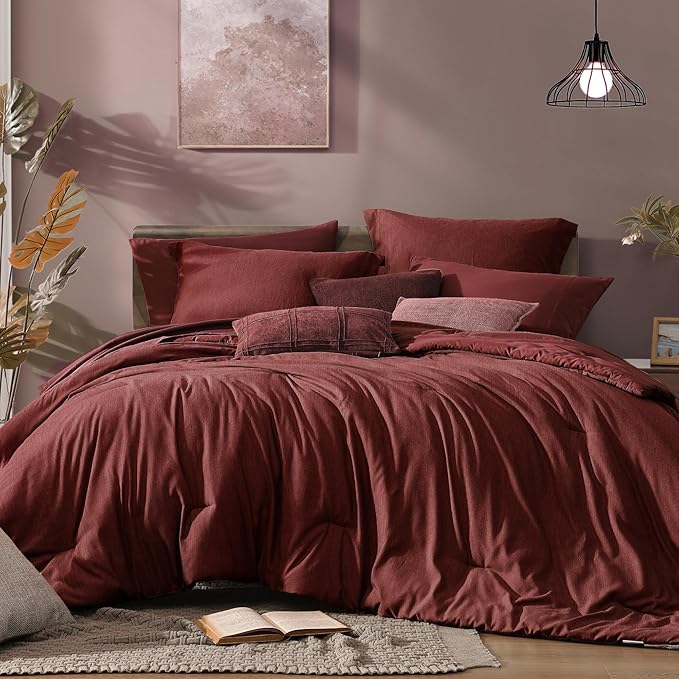 Monbix Full Size Comforter Sets Red, Cationic Dyeing Reversible Bedding Set 7 Pieces, All Season Bed in a Bag with Sheets, Pillowcases & Shams