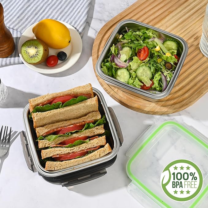 5 Pack Sandwich Containers, 24oz Stainless Steel Sandwich Box with Airtight Lids, Reusable Metal Meal Prep Lunch Boxes, BPA-Free, Dishwasher Safe, Food Storage Containers for Families (Green)