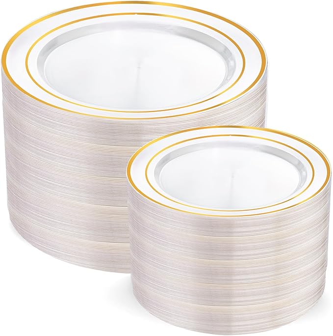 I00000 200 Pcs Clear Gold Plastic Plates - Disposable Party Plates, Gold Plate Disposable Include 100 Dinner Plate and 100 Dessert Plate, Plastic Plate for Party, Holiday, Wedding & Birthday
