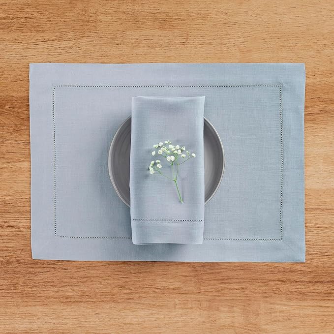 Solino Home Linen Cloth Placemats Set of 4-100% Pure Linen Hemstitch Dusty Blue Placemats 14 x 19 Inch - Classic Hemstitch Table Place Mats for Winter, Spring, Easter