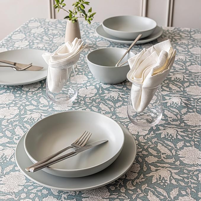 Over&Back Hand-Screened Tablecloth - Dining Table Cover - Each Tablecloth is Unique - 100% Cotton - Machine Washable - Kitchen and Home Decor - Blue Floral - 70x90