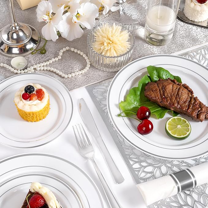 175PCS Sliver Plastic Plates - Silver Plates Disposable - White Plate with Silver Trim 25Guests Plastic Dinnerware Sets with Rolled Napkins for Wedding/Birthday/Valentine's Day