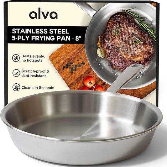 Alva Maestro 5-Ply Stainless Steel Frying Pan 8″ – Non-Toxic, Made without PFAS/PFOA/PTFE – Pro-Level Heat Control for No Hotspots, Induction & Oven Safe, Works on All Stovetops, Perfect Searing