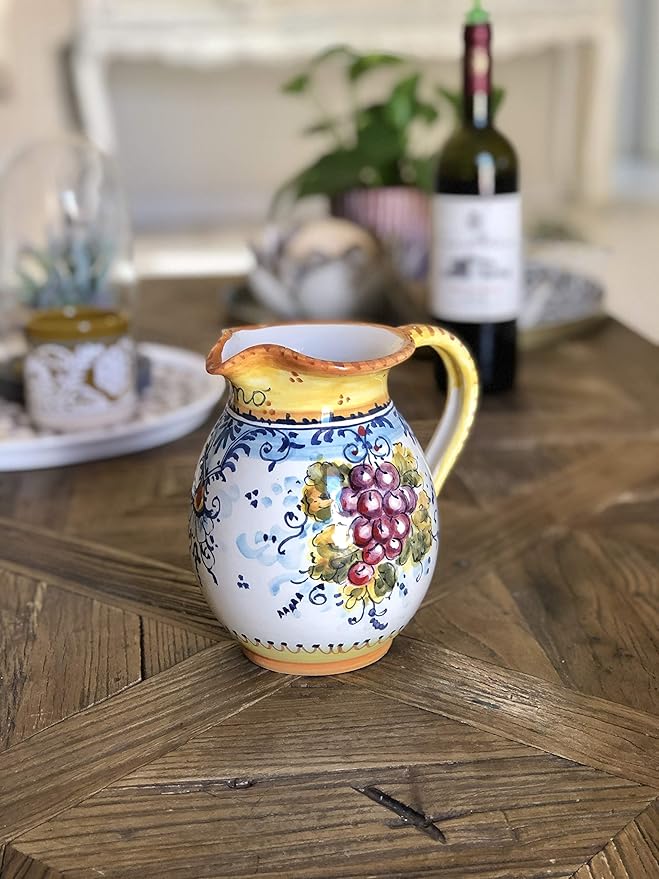 CERAMICHE D'ARTE PARRINI - Italian Ceramic Pottery Art Pitcher 0.264 Gal Vino Vine Hand Painted Decorated Grape Montalcino Made in Italy Tuscan Florence
